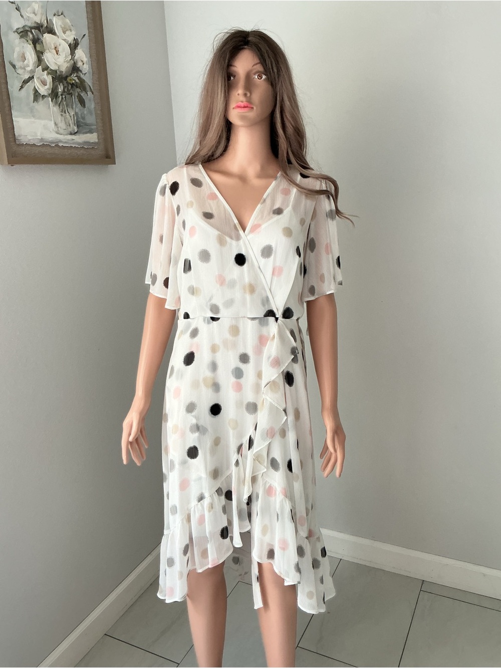Calvin Klein White Polka Dot Midi Wrap Dress